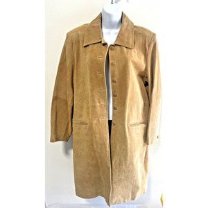 Leather Suede Trench Coat Women's Large Button Front Light Brown Fully Lined